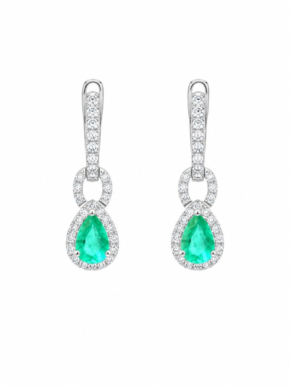 Emerald Halo 18K Natural Diamond White Gold Drop Earrings